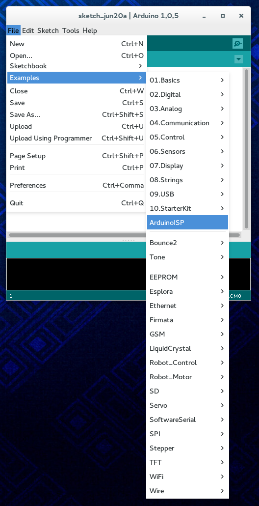 Screenshot of the Arduino-as-ISP sketch in the IDE