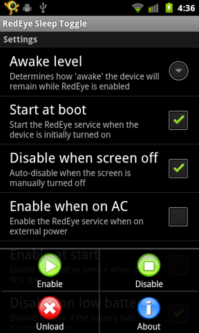 RedEye screenshot - config screen (old Android)