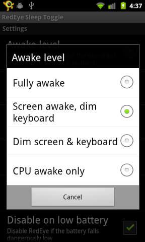 RedEye screenshot - awake level config screen